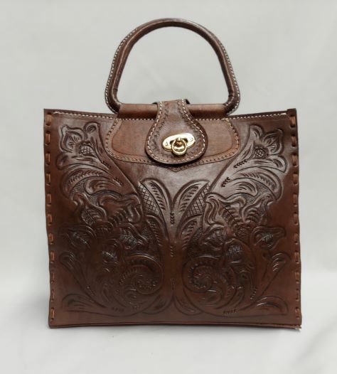 Brown Leather Purse - Vintage 1960's Mexican Tooled Leather Boho Bag with  Floral Pattern - Stylish Ornate Design Zipper Cottagecore Bag